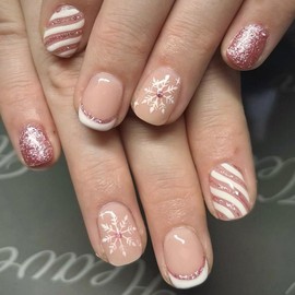 Vopintpy Winter Christmas Press on Nails White Snowflake French Tip Fake Nails Short Square Acrylic Nails with Glitter Wavy Stripe Design Glossy Xmas Glue on Nails for Women