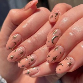 Star Press on Nails Nude Fake Nails Medium Almond False Nail with Design Gold Moon Glue on Nails Artificial Acrylic Nail Full Cover Stick on Nail for Women Girls Manicure 24pcs
