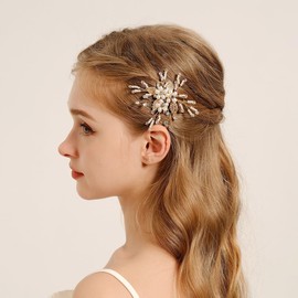 Flower Bride Wedding Vine Pearl Bridal Headpiece Rhinestone Wedding Hair Clip Leaf Hair Accessories for Women (Gold, One Size)