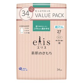 Ellis Bare Skin Kimochi Ultra Slim with Wings, 10.6 inches (27 cm), Especially for Heavy Days, 34 Sheets