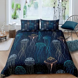 Loussiesd Cute Jellyfish Bed Linen Sea Life Sealife Duvet Cover Set Ocean Creature Themed Bedding Set 135 x 200 cm Sea Underwater World Bed Set with 1 Pillowcase for Teenagers