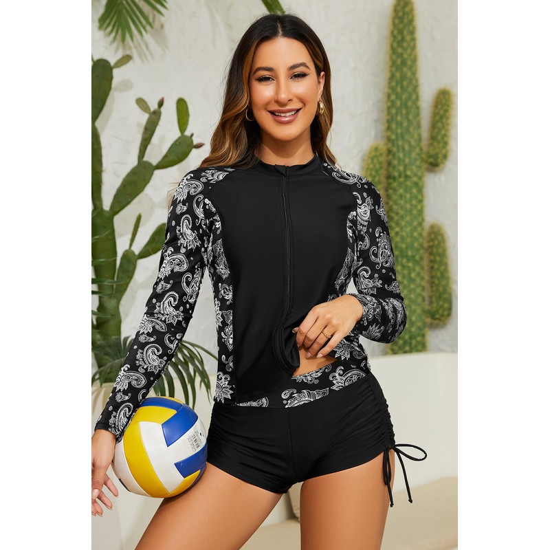 SHEKINI Women's 3-Piece Rash Guard Long Sleeve Swimsuits with Drawstring