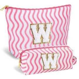 SEFORICO Initial Makeup Bag- Cosmetic Bag Cute Teen Girl Gifts Make Up Case Large Capacity Makeup Bag Travel Bag Gift for Women Valentines Day Bridesmaid Friend Birthday Gifts(Pink W)