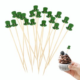 100pcs Hat Cocktail Picks, 4.7 Inch Long Green Bamboo Food Picks Toothpicks Skewers for Appetizer Drinks Cupcake Fruit Sticks St Patrick's Day Party Decoration (Green Hat)