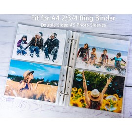 Pack of 30 120 Pockets A4 Photo Sleeves for A4 2/3/4 Ring Binder, Transparent Postcard Sleeves, 2 Compartments, Double-Sided 2 Pockets Photo Side Protection, Top Loading Photo Album Refill Pages Photo