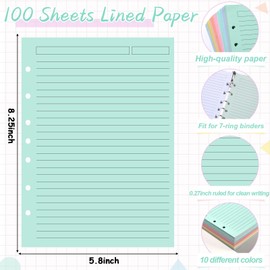 100 Sheets A5 6-Hole Loose Leaf Papers 5.5" x 8.5" Lined Refills Paper Binder Inserts 10 Colorful Line Paper for Mini 6 Ring Binders Junior Size Notebooks for Office School Business Home