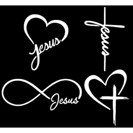Jesus Decals 4 Pack: Jesus Heart, Jesus Cross, Jesus Infinity, Cross Heart (Small ~3.5", White)