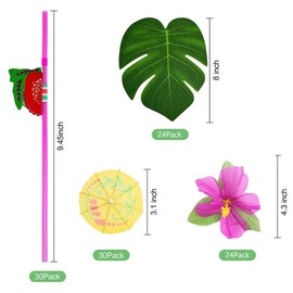 Aqur2020 Decoración de Fiesta Hawaiana, Plástico Colorido Llamativo Playa Tema Decoración Hojas Flor Cupcake Toppers Pajitas 108 Piezas (Vistoso)