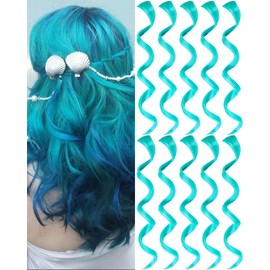Olldag 10 PCS Teal Blue Hair Extensions, Curly Wavy Synthetic Hairpieces Clip in Rainbow Neon Party Highlights, Colorful Hair Accessories for Kids Girls Women 17 inch (Teal Blue)