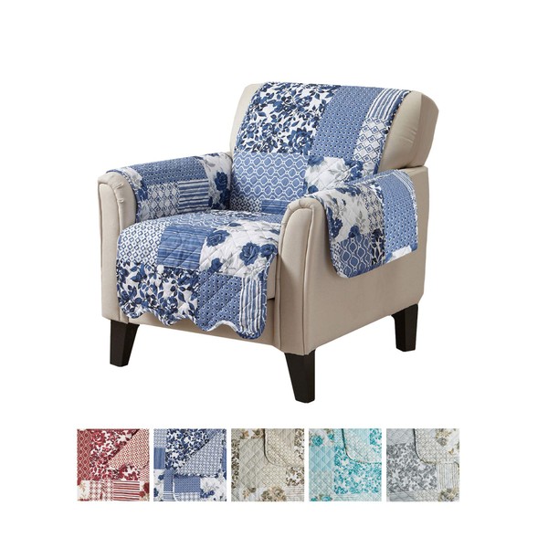 Great Bay Home Patchwork Scalloped Printed Furniture Protector Stain Resistant Chair Cover (Chair, Navy)