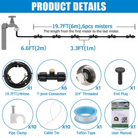 GSDOTZAP Chicken Coop Cooling System, 19.6FT Misting Line with 6 Brass Mist Nozzles, Brass Adapter(3/4") Outdoor Misting Water System, Easy DIY Installed Mister for Chicken Coop Backyard Garden Patios