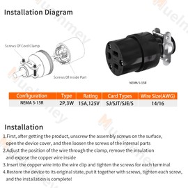 Muelnmey 10 PCS Extension Cord Ends Electrical Replacement Connector NEMA 5-15R 15A 125V Black Shell 2 Pole 3 Wire Grounding Female Straight Blade Socket,UL Listed.