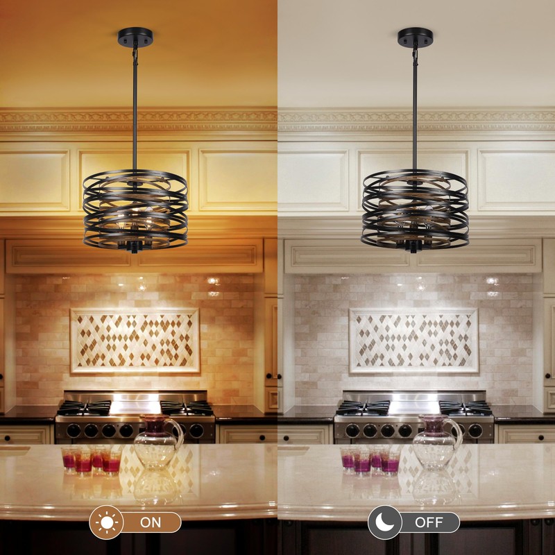 Sigaitwei 3-Light Dining Room Chandelier，12.6" Rustic Black Drum Chandeliers，Wood Grain