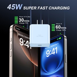 Phone 16 Pro Max Charger Fast Charging, 45W USB C Phone 16 Super Fast Charger Block with 10ft Long Type C Charging Cable Cord for Phone 16/16 Pro/16 Pro Max/16 Plus, 15/15 Pro Max/Pro/Plus-2pack Blue