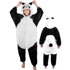 Onesie Panda Costume Unisex Cuddly Pyjamas Onesie Women Men Adults with Zip Hood Pyjamas Cuddly Jumpsuit Animal Costume Long Homewear Carnival Costume Women Men, White
