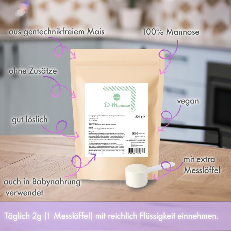 Reines D-Mannose Pulver 500 g mit Messlöffel - 250 Tage