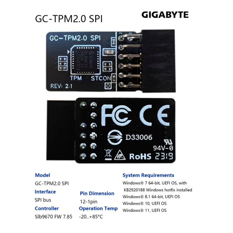 NUHFUFA TPM 2.0 Security Module SPI 2.0 (12-1) pin Security