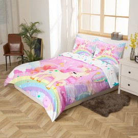 Feelyou Unicorn Girls Bedding Set Queen Kawaii Cute Rainbow Unicorn Duvet Cover Cartoon Horse Comforter Cover Kids Children Galaxy Stars Magical Pink Unicorn Animal Room Decor 2 Pillowcases