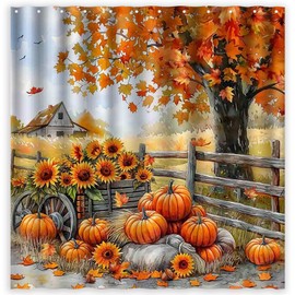 ZTHMOE - Cortina de ducha de calabaza para baño, Acción de Gracias, granja, otoño, girasol, cosecha, decoración del hogar, con 12 ganchos, poliéster impermeable, 72 x 72 pulgadas
