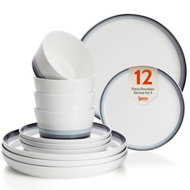 Sweese 12 Piece Dinnerware Sets for 4 - Porcelain Plates and Bowls Set - Scratch Resistant, Dishwasher and Oven Safe Round Dinner Sets - Dish Sets -White and Blue Gradient