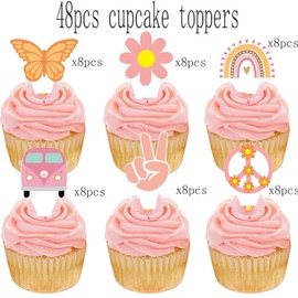 JAVON 48pcs Hippie Party Cupcake Toppers - Groovy Party Decorations for Flower Girl's 2nd Birthday Party, Boho Rainbow Theme Party Supplies(Pink-Groovy)
