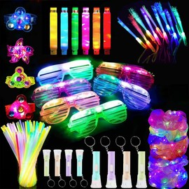 Topsmileusa 170 pcs Glow in the Dark Party Supplies,Hair Bands,Spinner Bracelets,Light up Pop Tubes,Mini Flashlight,Fiber Optic Wands, LED Glasses,Lights for Wedding, Birthday (Combination 170pcs)