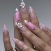 Flower Press on Nails Pink French Tip Fake Nails Medium Almond Glue on Nails with Ocean Shell Design Glossy False Nail Artificial Acrylic Full Cover Summer Stick on Nail for Women Manicure 24Pcs