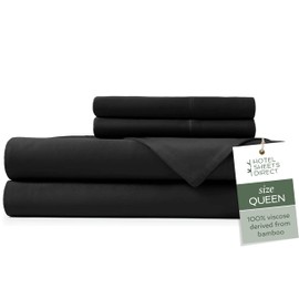 Hotel Sheets Direct 100% Viscose Derived from Bamboo Sheets Queen Size - Cooling Bed Sheets with 2 Pillowcases - Breathable, Moisture Wicking & Silky Soft Sheets Set- Black