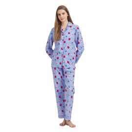 GLOBAL Ladies Pyjamas Set 100% Cotton Womens PJs Long Drawstring Sleepwear for Women,Blue，Strawberry,M