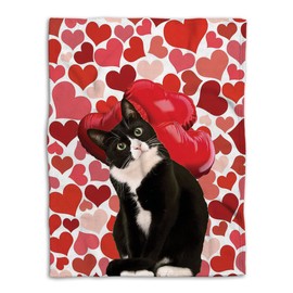 OhaPrints Tuxedo Black and White Cat Lover Love Heart Valentine's Day Romantic Soft Sherpa Throw Blankets Cozy Fuzzy Fleece Throws for Tv Sofa Couch Comfy Fluffy Blanket 30X40 50X60 60X80