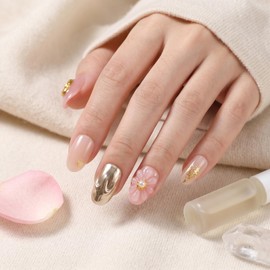 Sun&Beam Nails Handmade Nail Tips, Medium, Long, Oval, Round, Short, Pink, Gold, Glitter, Popular, 3D, Stylish, Cute, Heart Design, False Nails, 10 Pcs (#77 M)