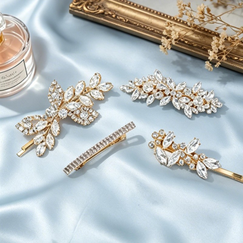 4 Pcs Rhinestone Gold Pearl Leaf Wedding Hair Clips Suitable
