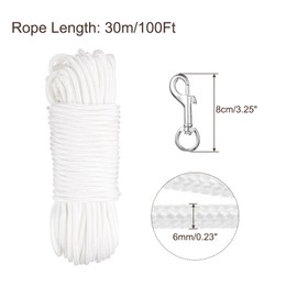 sourcing map 100Ft Flag Pole Rope Kit, Flag Pole Halyards Rope 1/4" Thick with 4 Pcs Nickel Plated Swivel Flagpoles Clips Hook(Silver), Nylon Flagpole Line Rope White