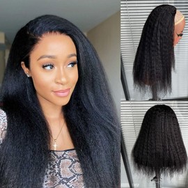 DSEKCAIN Kinky Straight Half Wig Human Hair Glueless Clip In 100% Real Human Hair Yaki Straight Half Wig 3 in 1 Seamless Flip Over Wigs Beginners Friendly Healthy to Scalp 22 Inch 210 Density