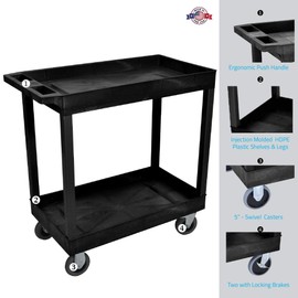 LUXOR EC11SP5-B 32" x 18" Cart - Two Tub Shelf with 5" Semi-Pneumatic Casters, 125 lbs. Per Shelf, Ergonomic Push Handle, 35.25"W x 18"D x 35.5"H