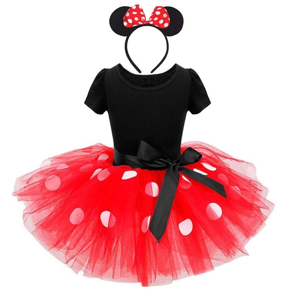 Lito Angels Minnie Fancy Dress Up Costume with Mouse Ears Bowknot Hair Hoop for Kids Girls, Halloween Birthday Party Polka Dot Tutu Skirt, Age 6-7 Years, Red