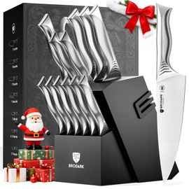 BRODARK Kitchen Knife Set with Block - 15-Piece Knife Block Set with Built-in Sharpener - High Carbon Stainless Steel Kitchen Knives Set for Kitchen - Shark Series
