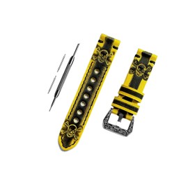 NICKSTON Yellow and Black Skull Crossbones Band Compatible with Pebble 2, 2 SE, Time, Time Steel, and Classic Smartwatches Embossed Brushed Genuine Leather Strap Pins Tool B22 (1. Engraved Silver Color Buckle)