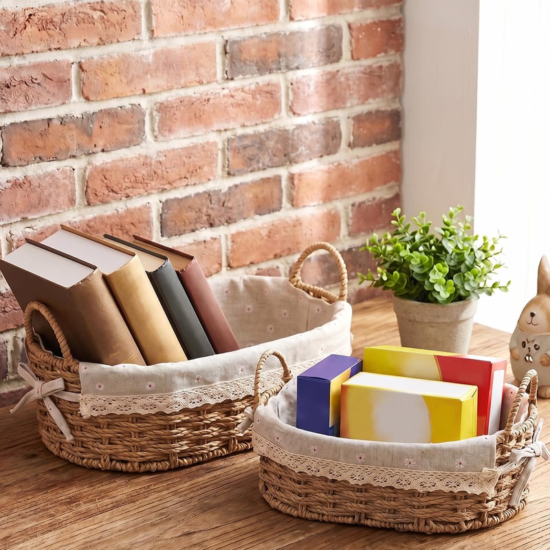 2Pcs Small Wicker Storage Baskets with Handles & Liners for