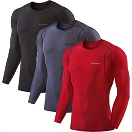 DEVOPS 3 Pack Men's Athletic Long Sleeve Compression Shirts (Large, Black/Charcoal/Red)