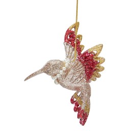 Hummingbird Ornament 4.25 Inch Red Ruby and Platinum Glittered