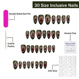 Almond Press on Nails Medium SWEKKE Green Fake Nails Vintage False Nails with Insect Ladybug Ants Designs Gold Lines Glossy Glue on Nails Pastoral Style Stick on Nails for Women Girls 30Pcs