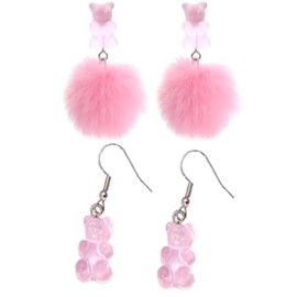 Fuqimanman2020 2 pairs Cartoon plush ball and Colored Resin gummy bear earrings Pom Pom Bear Dangle Earrings Acrylic Big Drop Dangle Stud Earrings for Women Party Jewelry Gifts