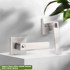 Gobrico 1 Pack Square Door Lever with Lock and Key for Exterior Interior Door in Satin Nickel