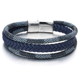 COOLSTEELANDBEYOND Men Women Three-Strand Navy Blue Braided Leather Cotton Rope Bracelet Wristband Steel Magnetic Clasp(CA)