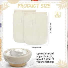 Tioncy 4 Pcs 7.9 x 11.8 Inches Greek Yogurt Strainer Greek Yogurt Organic Cotton Cloth Bag for Straining Greek Yogurt Strainer Maker