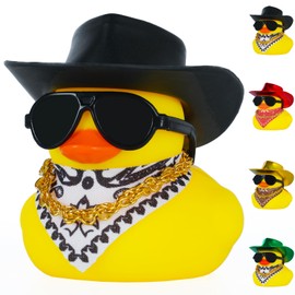 Rubber Duck with Cow-boy Hat,Squeaky Duck for Jeep Ducking Funny Car Accessories Car Dashboard Decoration with Golden Necklace, Paisley Bandanas and Sunglasses