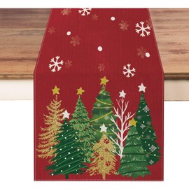 Camino de mesa de Navidad, 13 x 60 pulgadas, copos de nieve rojos, decoración de mesa de árbol de pino, para invierno, Navidad, día festivo, hogar, cocina, comedor, fiesta, interior y exterior