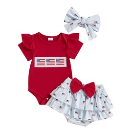 Bonangber Newborn 4th of July Outfit Girl Short Sleeve Romper American Flag Ruffled Shorts Set Fourth of July Baby Girl Outfit(C-Red,0-3 Months)