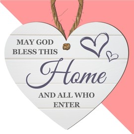 May God Bless This Home and All Who Enter" Heart-Shaped Wall Plaque – Rustic Inspirational Sign for Christian Home Décor – Perfect Blessing Gift for Housewarming, Wedding, or Entryway Decoration
